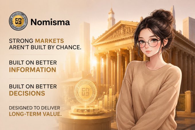 Promotional graphic for Nomisma featuring a woman with glasses and a beige sweater against a classical building backdrop, with text: 'STRONG MARKETS AREN'T BUILT BY CHANCE. BUILT ON BETTER INFORMATION. BUILT ON BETTER DECISIONS. DESIGNED TO DELIVER LONG-TERM VALUE.'