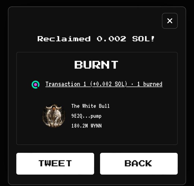 A dark-themed interface displays a "Reclaimed 0.002 SOL!" notification with a "BURNT" header confirming "Transaction 1 (+0.002 SOL) - 1 burned" for "The White Bull," addressed as 9E2Q...pump with a 180.2M WYNN token balance, alongside "TWEET" and "BACK" buttons. The modal visually confirms the post's message about creator tokens for The White Bull (18%) being burnt, showing the associated Solana address and token holdings from the burn transaction.