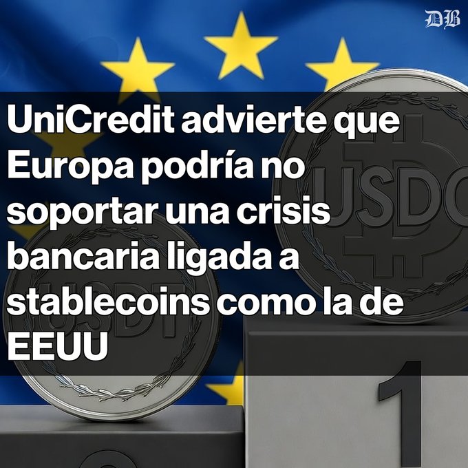 The image features two coins, one silver and one black, placed on top of a podium with an award displayed below them. The text above the coins reads "ALERTA BANCA EUROPEA UniCredit advierte que Europa podría estar en riesgo de una crisis bancaria severa por stablecoins como EE. UU". This suggests that the silver coin is a symbol of achievement or recognition, possibly for someone who has contributed to the development and growth of the European Union's financial system.