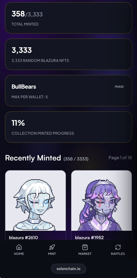 A mobile app screenshot showing NFT minting statistics for 'BullBears' with 358/3,333 total minted (11% progress) and two recently minted pixel-art character NFTs labeled 'blazura #2610' and 'blazura #1952'.