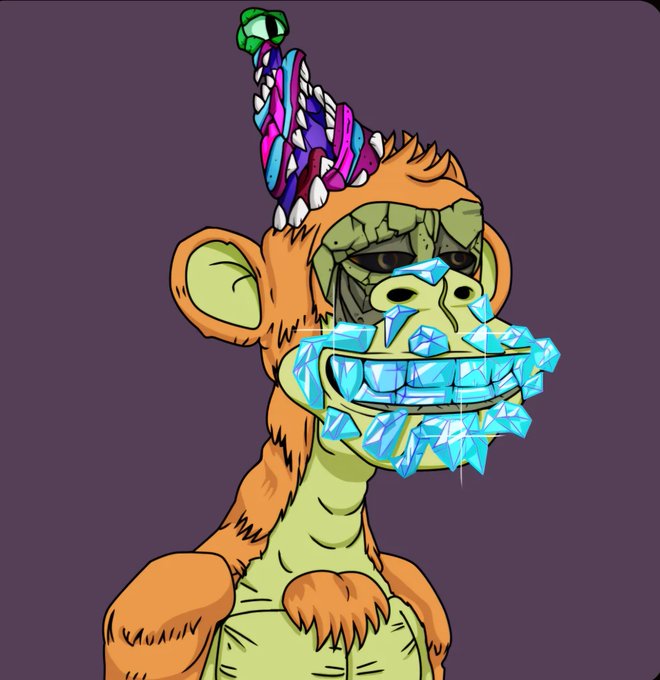 A cartoon illustration of an orange ape or monkey character wearing a colorful party hat, with glowing blue crystalline teeth/jaw, signed 'MUAN' at the bottom.