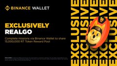 A Binance Wallet promotional banner announcing an exclusive partnership with RealGo, featuring 15,000,000 $RT in rewards for users who join the campaign, with the Binance Wallet logo and a vibrant orange/black design. The image visually reinforces the post's announcement of the biggest RealGo campaign yet running from July 16 to July 30, 2026.