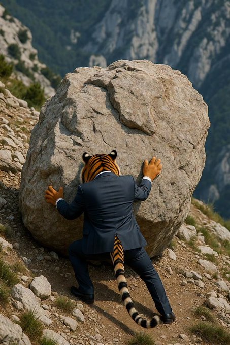 A tiger-headed figure in a business suit pushes a massive boulder up a rocky mountainside, symbolizing the immense uphill effort required to keep pushing $Meow's market cap back over 500K. The image evokes Sisyphean perseverance, matching the post's message that despite heavy resistance, the rally is far from over.