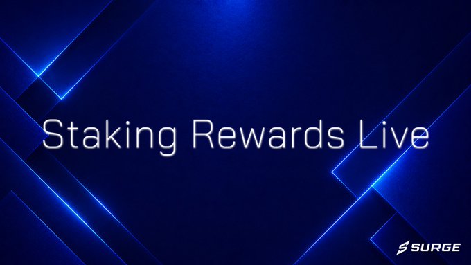A blue graphic banner displays the text "Staking Rewards Live" with a "SURGE" logo in the bottom right corner.
