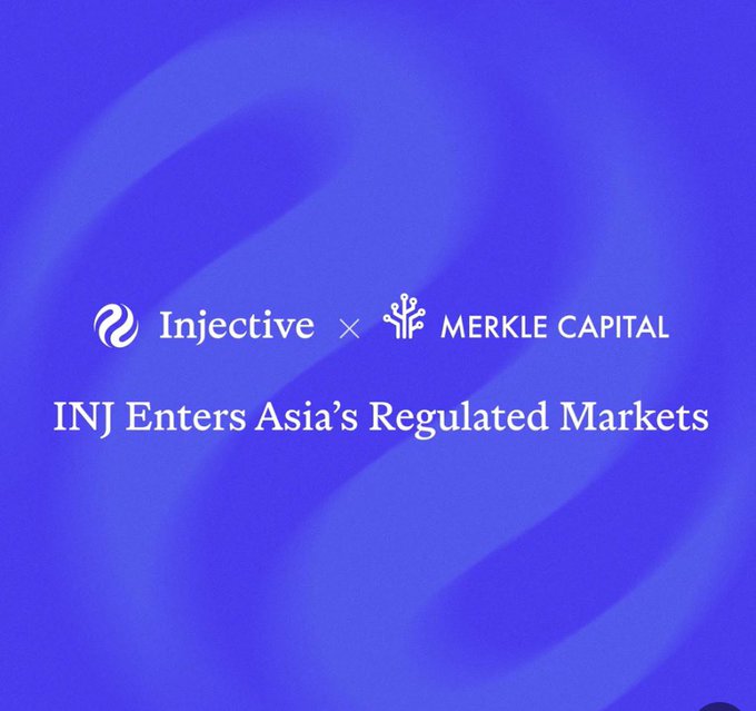 The image features a blue background with white text that reads "INJ Enter Asia's regulated markets". The text is positioned above two logos - one for Injive and another for Merkel Capital Markets. These logos are placed at the top of the image, drawing attention to their respective companies.