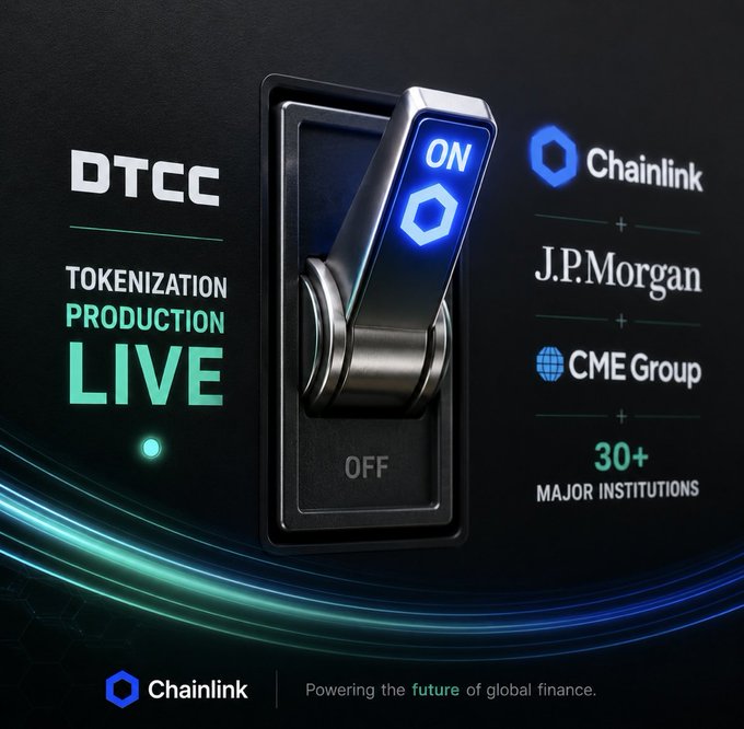 The image features a metallic toggle switch flipped to the "ON" position, accompanied by the text "DTCC TOKENIZATION PRODUCTION LIVE" and logos of Chainlink, J.P. Morgan, and CME Group, highlighting "30+ MAJOR INSTITUTIONS." It visually reinforces the post's announcement that tokenization production is now live, powered by Chainlink ($LINK) with major institutional backing toward a quadrillion-dollar future.