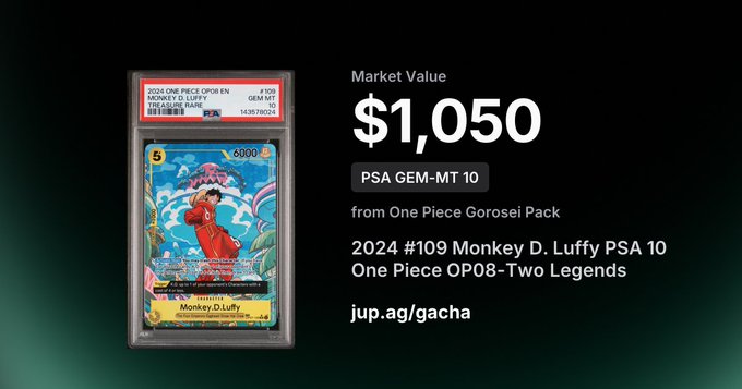 A graded PSA 10 2024 Monkey D. Luffy trading card (#109, OP08-Two Legends) displayed alongside a market value of $1,050, illustrating the high-value pulls from Jup.ag's Gacha platform.