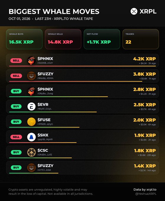 An XRPL whale tape dashboard from xrpl.to dated October 1, 2026, tracking the last 23 hours with 16.5K XRP bought and 14.8K XRP sold, listing top whale buys and sells of tokens like $PHNIX, $FUZZY, $EVR, $FUSE, $SHX, and $CSC.