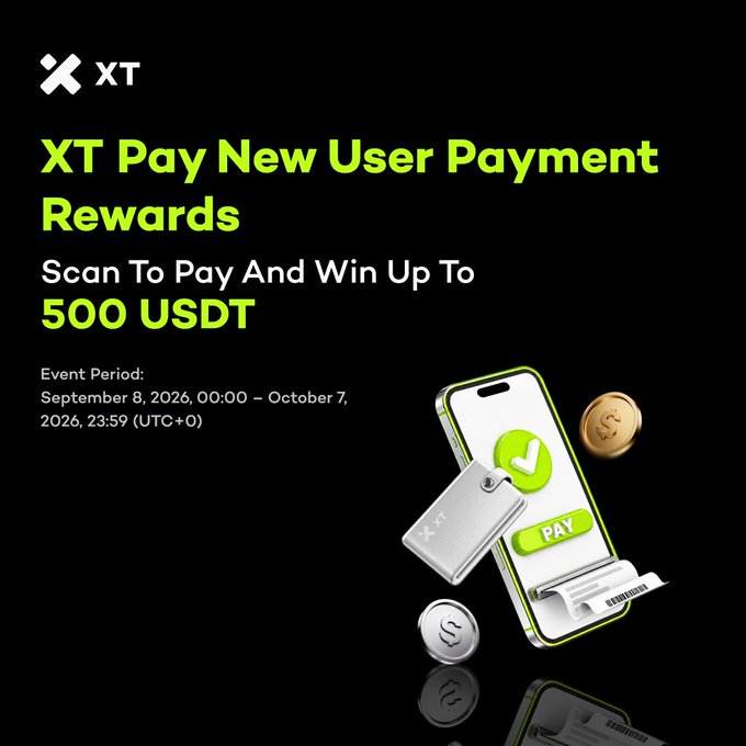 Promotional graphic for the XT Pay New User Payment Rewards event, featuring a smartphone with a green "PAY" button, a small XT hardware wallet, and floating USDT coins. The ad highlights winning up to 500 USDT during the event period running September 8–October 7, 2026 (UTC+0), aligning with the post's details about first-payment rewards and leaderboard bonuses.