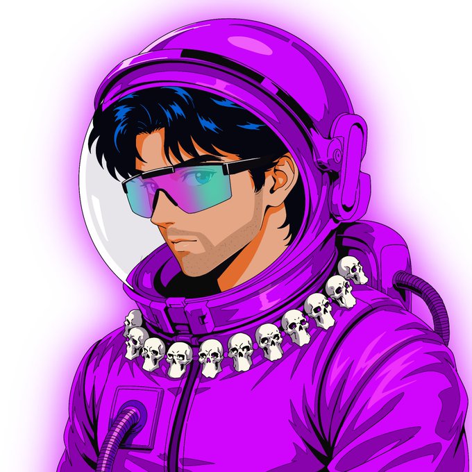 A stylized anime-style astronaut in a vibrant purple spacesuit and helmet wears iridescent blue visor sunglasses and a necklace of small white skulls, exuding a retro-futuristic city pop aesthetic that matches the late-night driving vibes promoted in the post about the @MiraipopNFT_ collection.