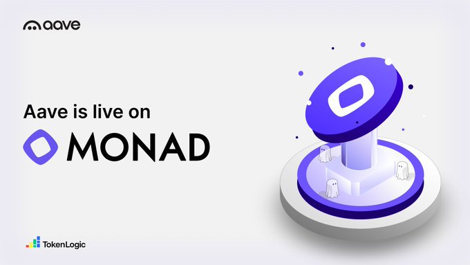 A promotional graphic reading 'Aave is live on MONAD' with the Aave and Monad logos, featuring a 3D purple token-like monument with small ghost figures, credited to TokenLogic at the bottom.