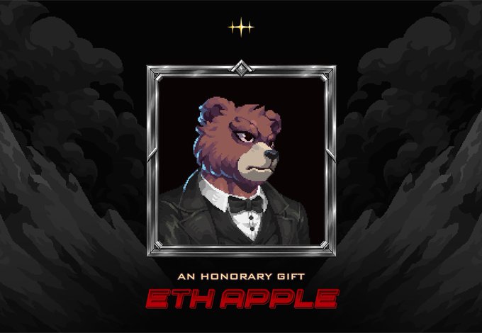A digital artwork titled 'AN HONORARY GIFT ETH APPLE' depicting a stern bear wearing a suit and bow tie in an ornate frame.