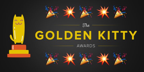 The image is a graphic for "The Golden Kitty Awards," featuring a yellow cartoon cat sitting on a tiered pedestal, surrounded by party poppers and starbursts on a dark background. The festive design ties into the post's nostalgic reference to a 2015 $GOLDEN token, symbolizing celebration and early crypto milestones.