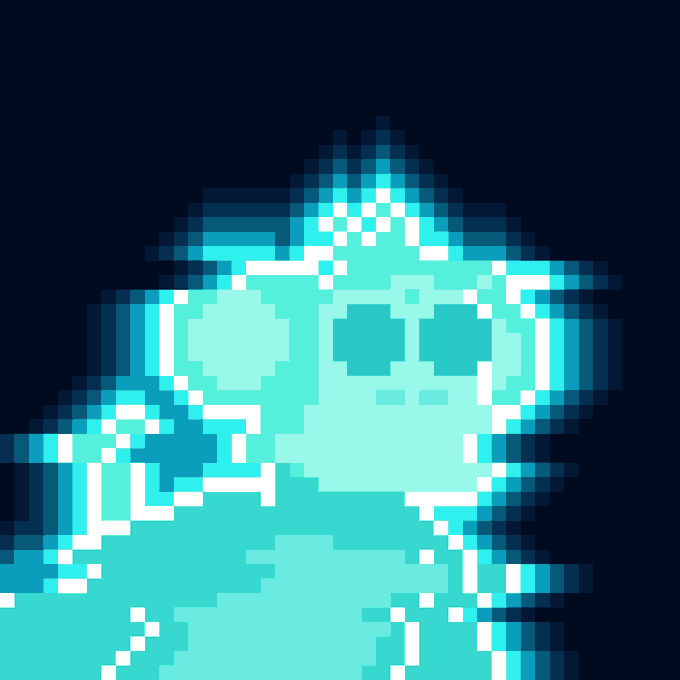 A pixel art style portrait of a character with cyan/teal coloring and a hooded or helmeted head against a dark background.