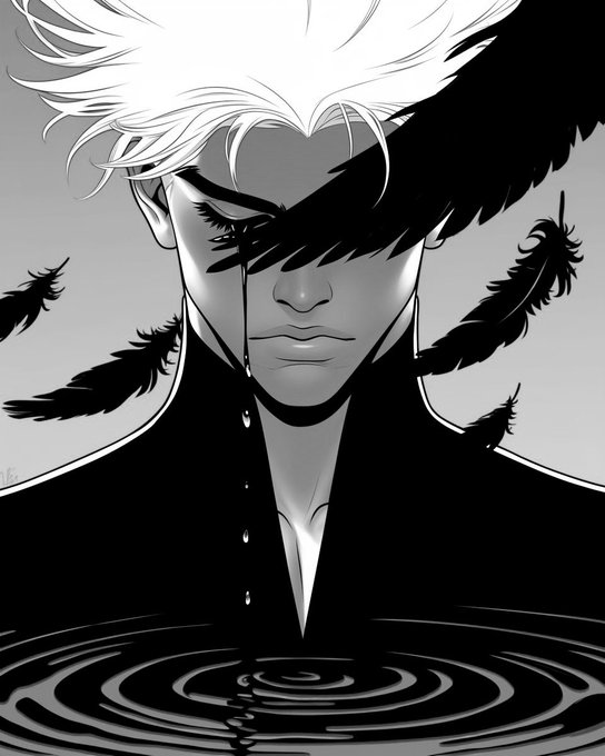 A striking black and white anime-style illustration of a figure with spiky hair, black feathers covering their eyes, dripping tears, and their lower body merging into rippling water.