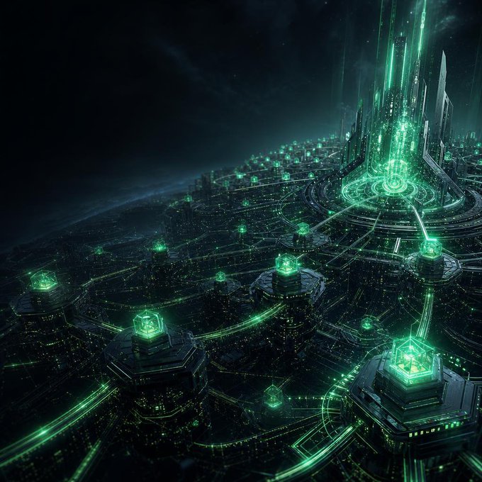 A futuristic sci-fi cityscape with glowing green lights, towering skyscrapers, and hexagonal structures on a dark planet, with energy beams shooting upward.