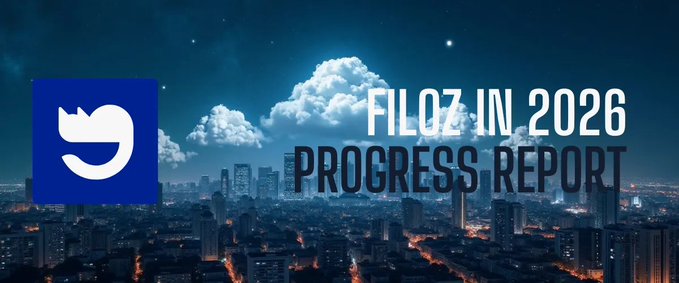 A banner image with a nighttime cityscape and clouds features the Filecoin-style "F" logo alongside the text "FILOZ IN 2026 PROGRESS REPORT," promoting a Medium article about $67,312 in stablecoin payments moving through Filecoin Pay, projecting ~$139,789 in ARR across 165 payers and 31 service providers.