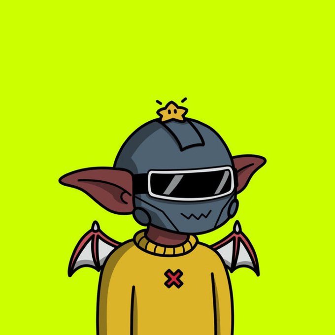 A cartoon character with a yellow sweater, wearing a grey helmet with large pointed ears, reflective visor, and a small yellow star on top, set against a lime green background.