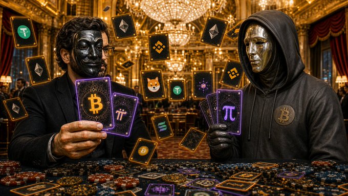Two masked figures sit across a casino-style table holding cards branded with Bitcoin (₿) and Pi (π) Network logos, surrounded by floating cards displaying other crypto symbols including Shiba Inu, Solana, and Ethereum. The imagery visualizes the post's theme of two major unresolved crypto mysteries—Satoshi Nakamoto's untouched ~1.1M BTC and Pi Network's ambiguous status—as players holding mysterious hands in an ongoing high-stakes game.