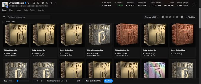 The image shows a marketplace listing for the "Original Blokyz" NFT collection, featuring various boxes with different designs (Blokyz Modern Box, Blokyz Punkedelic Box, Blokyz Wired Box, and Blokyz Metallized Box) priced in ETH, with a floor price of 0.1399 ETH and 24-hour volume of 34.03 ETH. This visual supports the post's bullish sentiment by showcasing the collection's diverse offerings and active trading activity, suggesting potential for future sales growth following the final reveal phase.