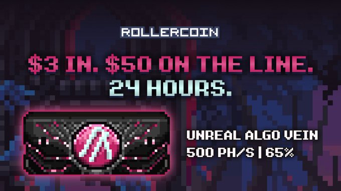 A retro pixel-art style graphic for 'ROLLERCOIN' advertising '$3 IN, $50 ON THE LINE. 24 HOURS' with an 'UNREAL ALGO VEIN' offering 500 PH/S | 65%.