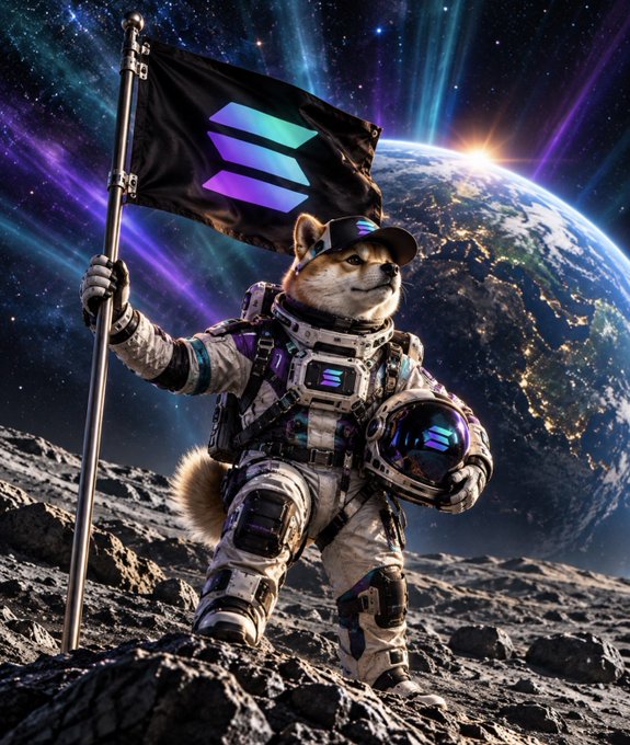 An AI-generated image of a Shiba Inu dog dressed as an astronaut holding a Solana (SOL) flag on a lunar surface with Earth visible in the background.