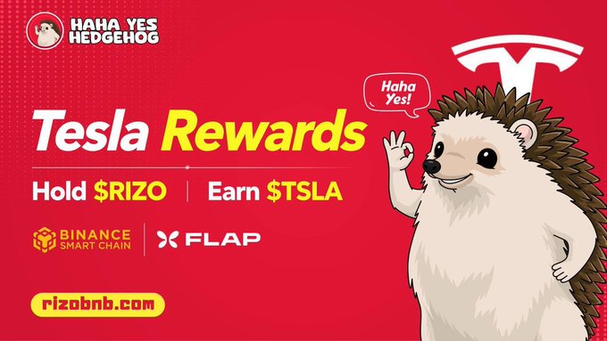 A promotional banner for 'Haha Yes Hedgehog' advertising 'Tesla Rewards' - Hold $RIZO, Earn $TSLA, with Binance Smart Chain and FLAP logos, featuring a cartoon hedgehog with a Tesla logo.
