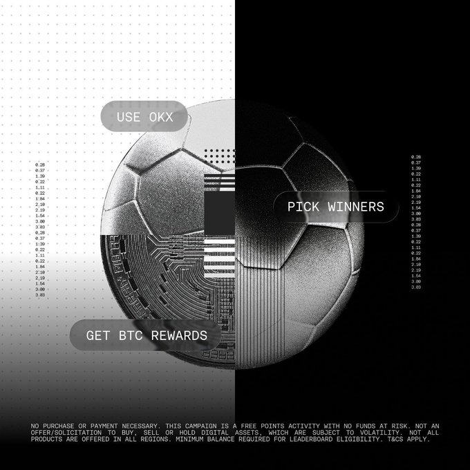 The image features a black and white soccer ball divided into two sections, one labeled "OKX" and the other "PICK WINNERS", with the OKX section being gray and the PICK WINNERS section being black. The text in the image reads "Focus on what is in the image and how it relates to the post".