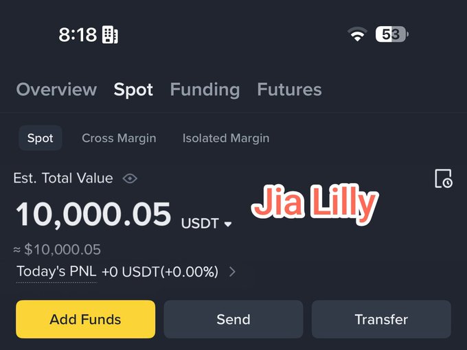 A crypto exchange screenshot shows a "Spot" wallet with an "Est. Total Value" of **10,000.05 USDT**, overlaid with the name "Jia Lilly," paired with a post asking how recipients would use $10,000 — visually representing the "Invest in crypto" option.