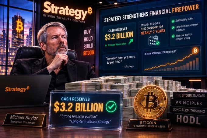 A promotional graphic featuring Michael Saylor, Executive Chairman of Strategy (Bitcoin Treasury Company), highlighting 'STRATEGY STRENGTHENS FINANCIAL FIREPOWER' with cash reserves of $3.2 billion, enough to cover STRC dividends for nearly 2 years, alongside imagery of Bitcoin, cash stacks, and books titled 'The Bitcoin Standard' and 'Principles'.