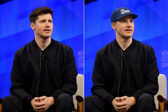 Two side-by-side images show a young man in a black bomber jacket seated on stage against a blue backdrop—on the left he appears without a hat, while on the right he wears a blue cap with "Base" written in white script across the front. The post's humorous caption ties into the images, referencing "Brian's $BALD head" and playfully suggesting that holding a photo of this person (resembling Brian Armstrong, Coinbase CEO) could trigger an airdrop of Coinbase stock from the Base app.