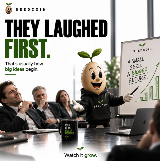 A promotional advertisement for SEEDCOIN featuring their mascot seed character presenting at a business meeting with the tagline 'THEY LAUGHED FIRST. That's usually how big ideas begin. Watch it grow.'