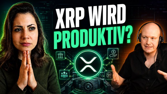 The image is a YouTube thumbnail featuring a woman with clasped hands on the left and a man wearing headphones on the right, with the German text "XRP WIRD PRODUKTIV?" (meaning "Is XRP becoming productive?") displayed prominently above a glowing XRP logo surrounded by icons representing banking, people, money, and innovation. The thumbnail relates to the post by highlighting an interview discussing XRP's expanding use cases, including lending protocols, AMMs, and the broader XRP Ledger ecosystem.