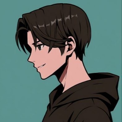 An anime-style side-profile portrait shows a young man with dark brown hair and a subtle smile, wearing a dark hooded jacket against a muted teal background.