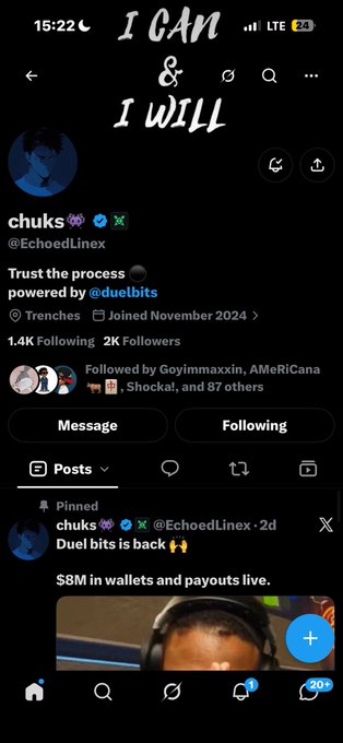A Twitter/X profile screenshot for @EchoedLinex (chuks) with the header 'I CAN & I WILL', showing pinned tweet about 'Duel bits is back' and 'SBM in wallets and payouts live.'