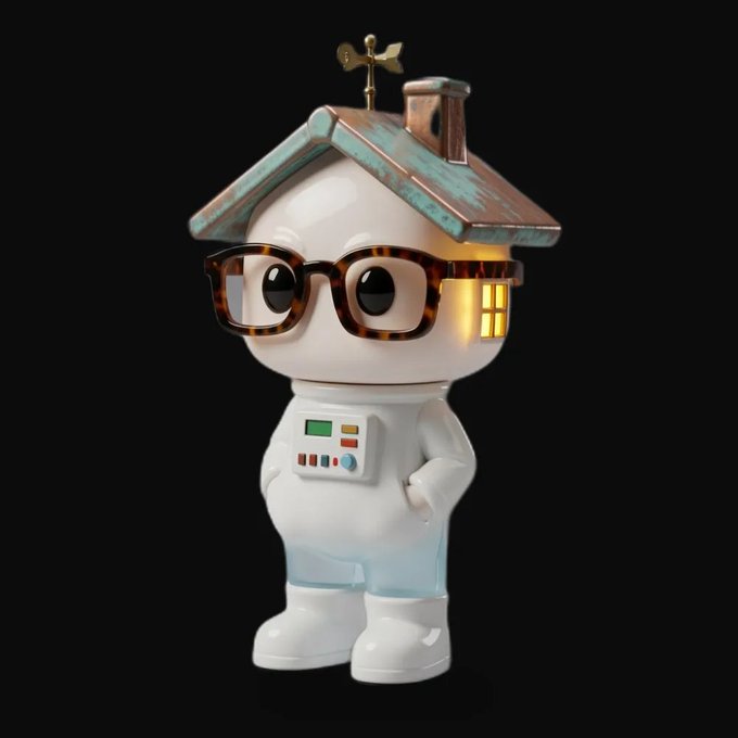 A 3D-rendered figurine character wearing glasses, a white outfit with a small control panel, and a house-shaped roof with a chimney and weather vane on top.