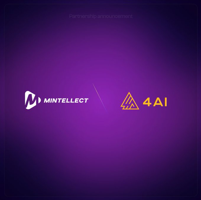 A purple partnership announcement graphic featuring the white "MINTELLECT" logo alongside the gold "4AI" logo, with the text "Partnership announcement" at the top—visually highlighting the collaboration described in the post between Mintellect and the BNB Chain-based AI marketplace @4aibsc.