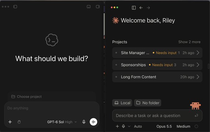 A side-by-side comparison of Claude (left) and Anthropic's new Claude Code interface (right), with Riley greeted on the dashboard showing three projects including "Site Manager" and "Sponsorships" requiring input, while "Opus 5.5 Medium" mode is selected. The dual-panel view humorously illustrates the caption's wordplay on "Sol" (the model toggle) and "Opus" (the selected AI mode), suggesting the user is about to embark on ambitious "Opus" work powered by "Sol High" reasoning.