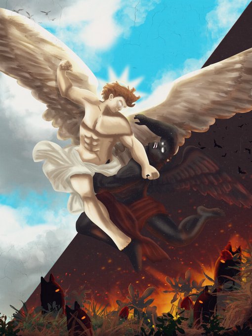 An angel with large wings struggles against a dark demon over a fiery, infernal landscape.