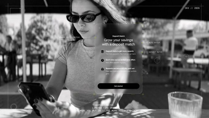 The image shows a black-and-white photo of a woman in sunglasses looking at her phone, overlaid with a translucent "Deposit Match" app interface from OKX offering to grow savings, while text in the background reads "DEPOSITS MATCH, LIMITED TIME OFFER, THE MORE YOU PUT IN // THE MORE YOU GET BACK," directly illustrating the OKX deposit promotion highlighted in the post.