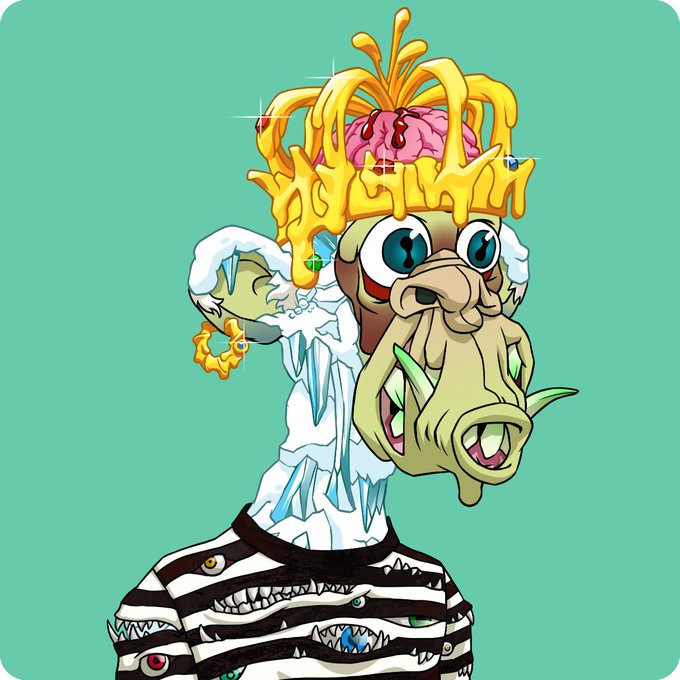 Cartoon illustration of a grotesque character wearing a golden crown with a brain on top, set against a teal background.