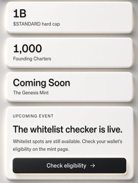 The image displays a Standard Reserve ($STANDARD) tokenomics panel showing a "hard cap" of 1B tokens, 1,000 Founding Charters, and a "Coming Soon" Genesis Mint, along with an upcoming whitelist eligibility checker event. It visually supports the post's introduction to the @standard_rsv NFTfi project by highlighting key launch details like the hard cap, founding charters, and upcoming mint eligibility checks.