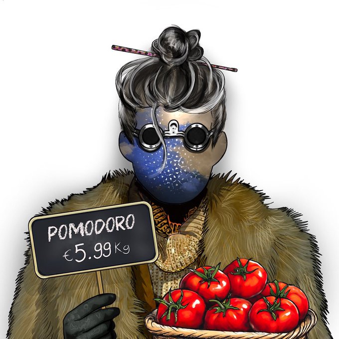 An artistic illustration of a person with a starry blue face, round sunglasses, and a hair chopstick, wearing a fur coat and holding a basket of tomatoes alongside a sign reading 'POMODORO €5.99 Kg'.