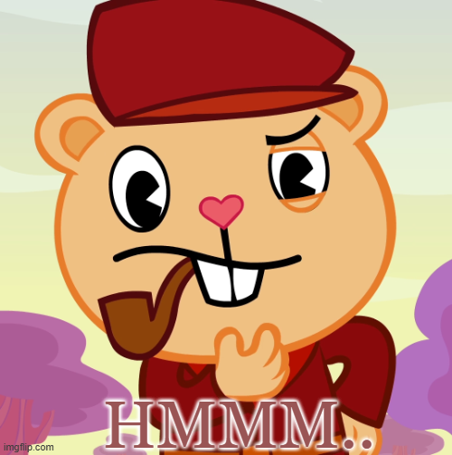 The image shows the "Hmm.." meme of Happy Tree Friends' Flaky looking thoughtful with a pipe, with the caption "HMMM.." suggesting careful consideration of the multiple-choice question about Bitcoin's block reward halving event.