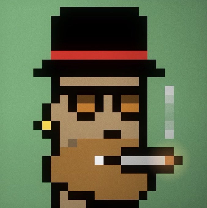 A pixel-art illustration of a bearded man wearing a top hat and holding a cigarette, styled in a retro 8-bit aesthetic on a green background. The image ties into the post's celebratory "We are so back" message by depicting a sophisticated, nonchalant figure that humorously embodies the triumphant mood of the NFT community following the multi-million dollar sale.