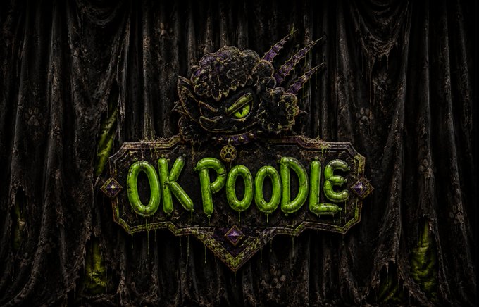 Dark gothic-style logo reading 'OK POODLE' in dripping green slime text, with a dark cat-like creature perched on top against a black curtain background.