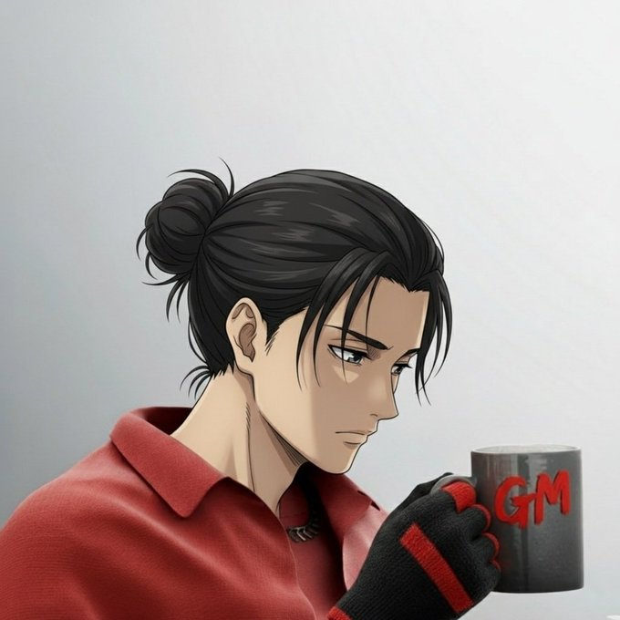 A digital anime-style illustration of a character with dark hair tied in a bun, wearing a red collared shirt, holding a gray mug with the red letters 'GM' on it.