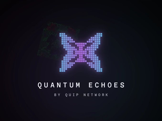 Logo graphic for 'QUANTUM ECHOES BY QUIP NETWORK' featuring a pixelated blue and purple 'X' symbol on a dark background.