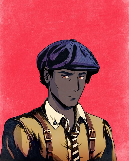 A stylized, comic-book-style illustration of a man with dark skin wearing a blue cap, a tan shirt, suspenders, and a striped tie against a red background.