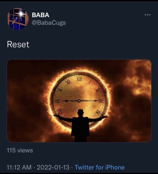 A tweet from BABA (@BabaCugs) captioned "Reset" shows a silhouette of a man with outstretched arms standing before a flaming clock face displaying 3:00, with 115 views posted at 11:12 AM on 2022-01-13 via Twitter for iPhone. The fiery clock imagery visually reinforces the post's cryptic reference to "1/13 is 7/13" with "1 = 7 on the clock," symbolizing a transformative reset moment tied to XRP.